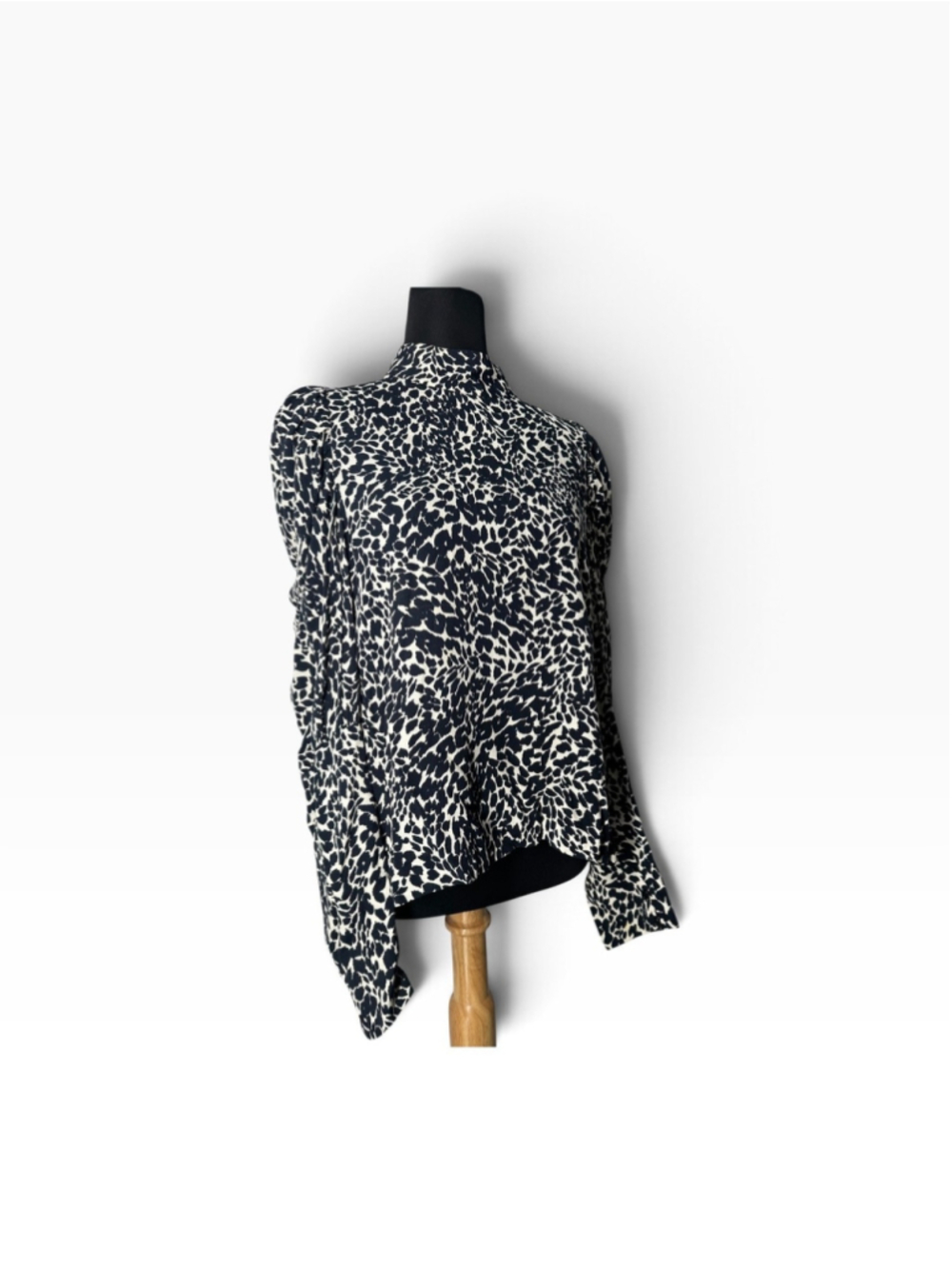 Zara Blouse Womens Medium Black White Animal Print High Neck Long Sleeve Viscose